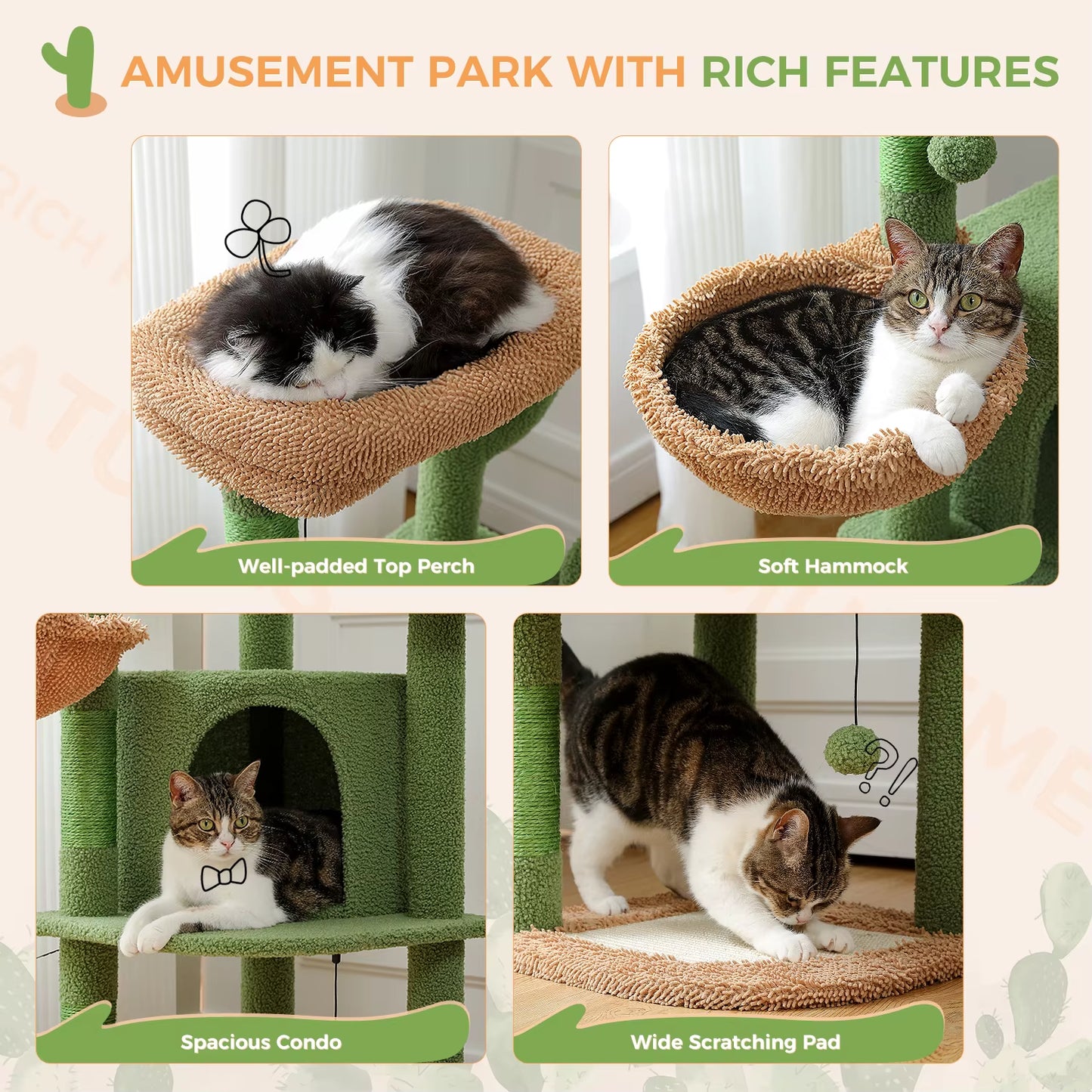 H107/83CM 2 Size Cactus Cat Tree for Indoor Cat Tower Toy Large Top Perch Sisal Covered Scratching Posts& Pad Hummock Big Condo