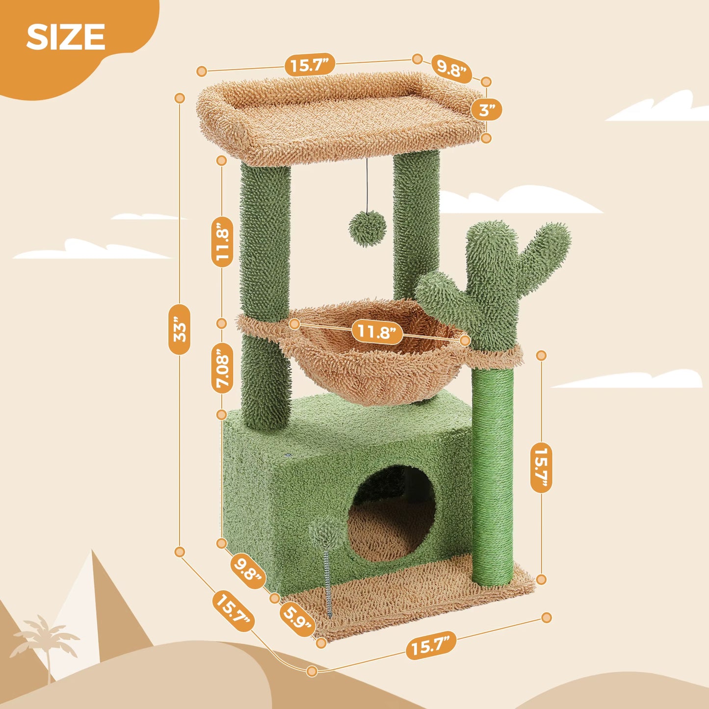 H107/83CM 2 Size Cactus Cat Tree for Indoor Cat Tower Toy Large Top Perch Sisal Covered Scratching Posts& Pad Hummock Big Condo
