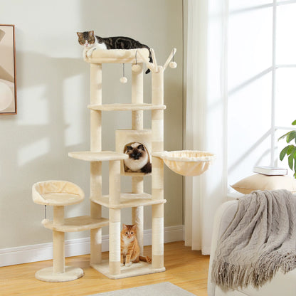 Height 150 CM Cactus Large Cat Tree Tower for Indoor with 5 Tier Spacious Condo Cozy Hammock Scratching Post and 2 Perches Green
